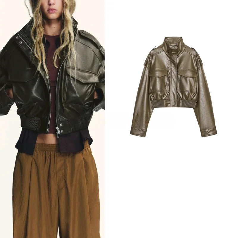 New Autumn Women's Motorcycle Sle ort Coat Long Sve PU Leather Simulation Stand Collar Jaet Faionable And Sli