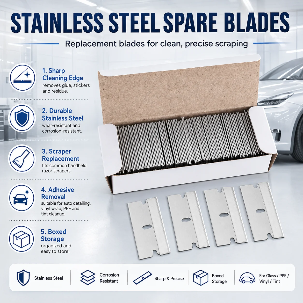Stainless Steel Single Edge Razor Blades Replacement for Glass Scraper Window Tint Glue Sticker Adhesive Residue Removal Tool