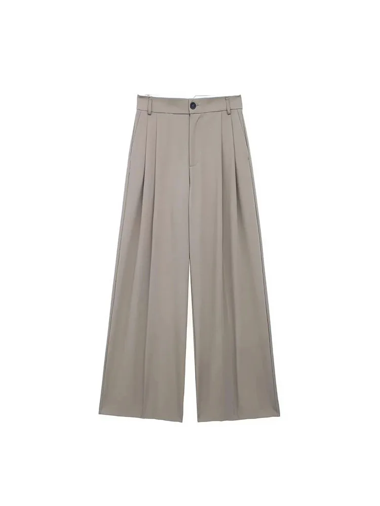 กางเกงทำงานผู้หญิงทรงเรโทรเอวสูงแบบมีซิป แต่งกระเป๋าจีบ ขากว้าง เหมาะสำหรับใส่ทำงานหรือใส่เที่ยวช่วงฤดูร้อน