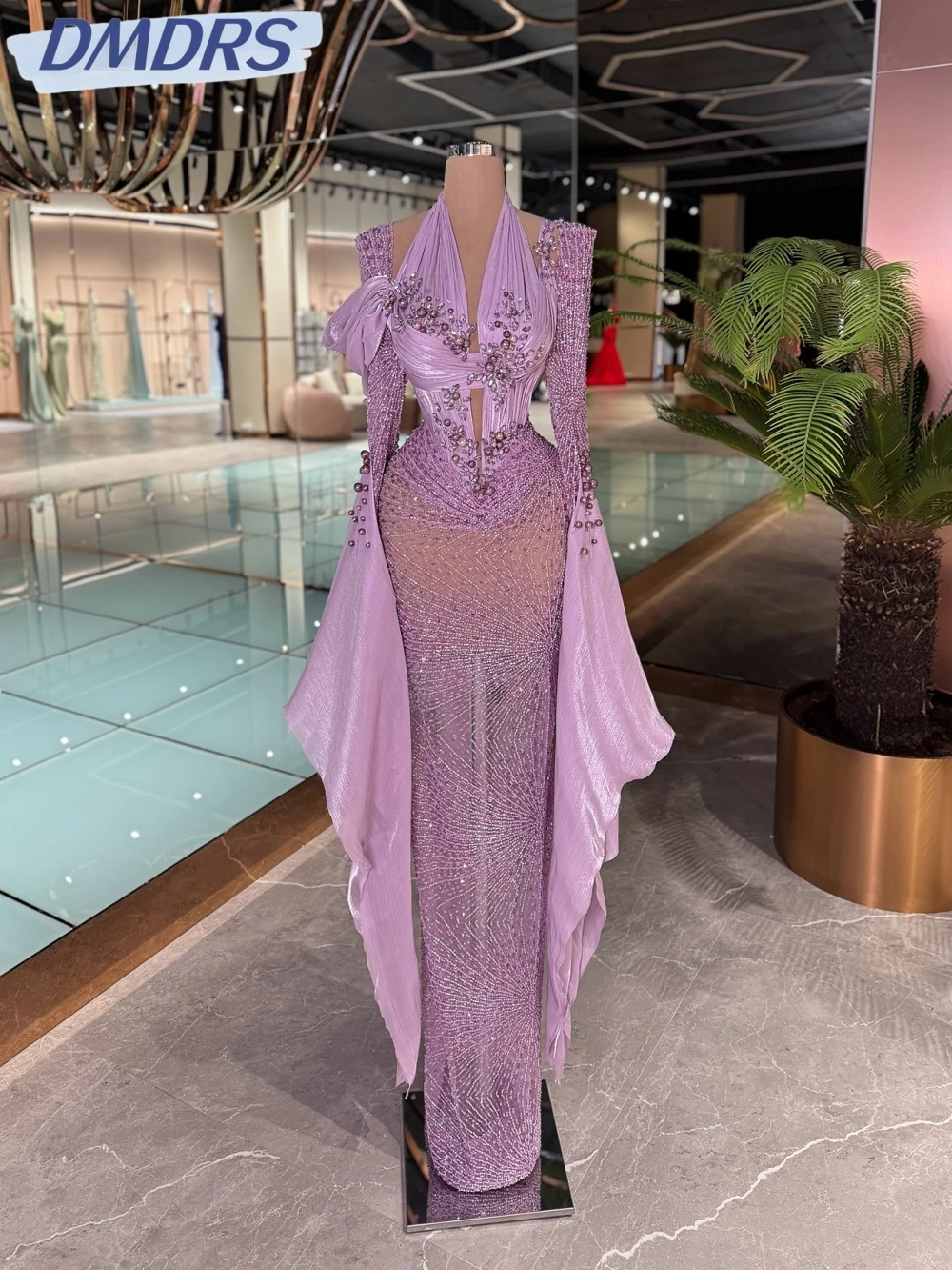 

Purple Luxury Illusion Beaded Evening Dress Shimmering Crystal Straight Long Wedding Party Gown Customized Halter Prom Dresses