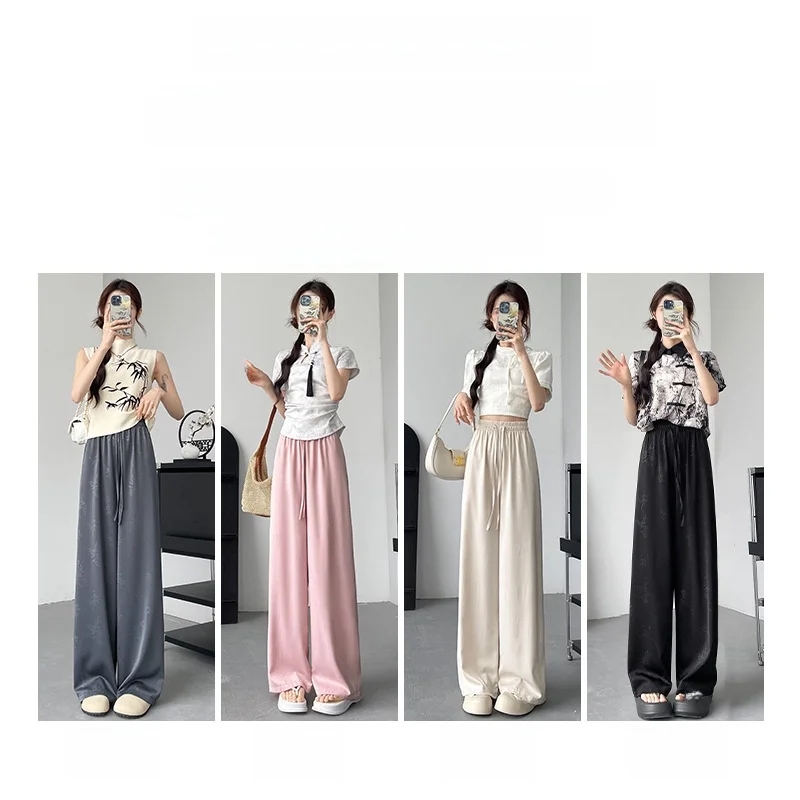 Black Acetate Wide Leg Pants Women's Summer Thin High Waist Drape Casual Small Size Ice Silk Pants Ultra Versatile Straight Cut