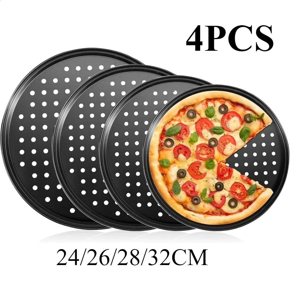 4PCS 9/10/11/12 Inch Carbon Steel Pizza Pan with Holes Perforated Pizza Tray for Oven Non-Stick Pizza Baking Pan for Home Baking