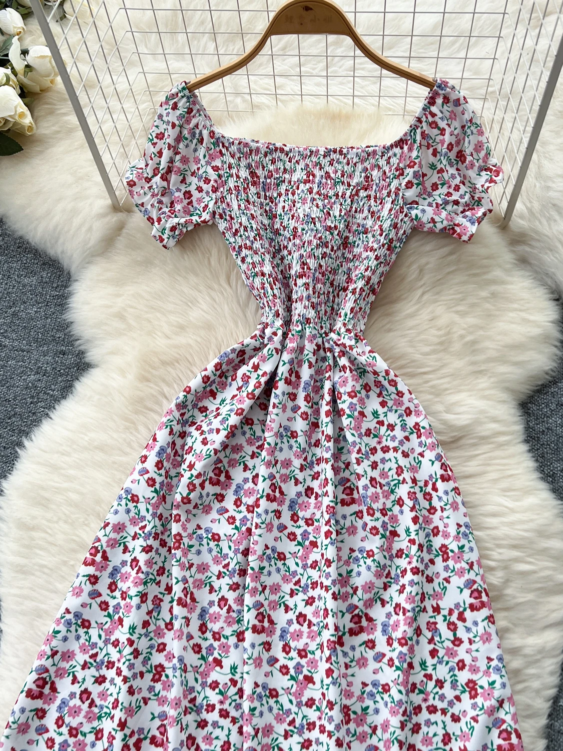 Fashion One-word Shoulder Puff Sleeve Floral Dress Women's 2025 Summer Slim Long Dress Boho Beach Holiday Y2k