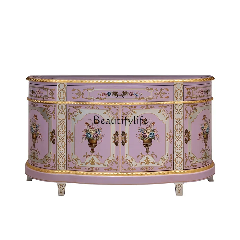 French Art Luxury Solid Wood Cabinet Villa Home Heavy Industry Hand Painted Purple Entrance Cabinet