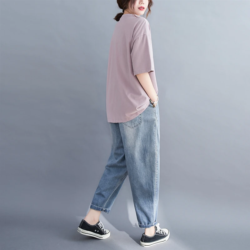 تي شيرت نسائي صيفي فضفاض بمقاسات كبيرة، بأكمام قصيرة مطبوعة، يغطي البطن، متعدد الاستخدامات، للنساء ذوات الوزن الزائد، تصميم ن... #4