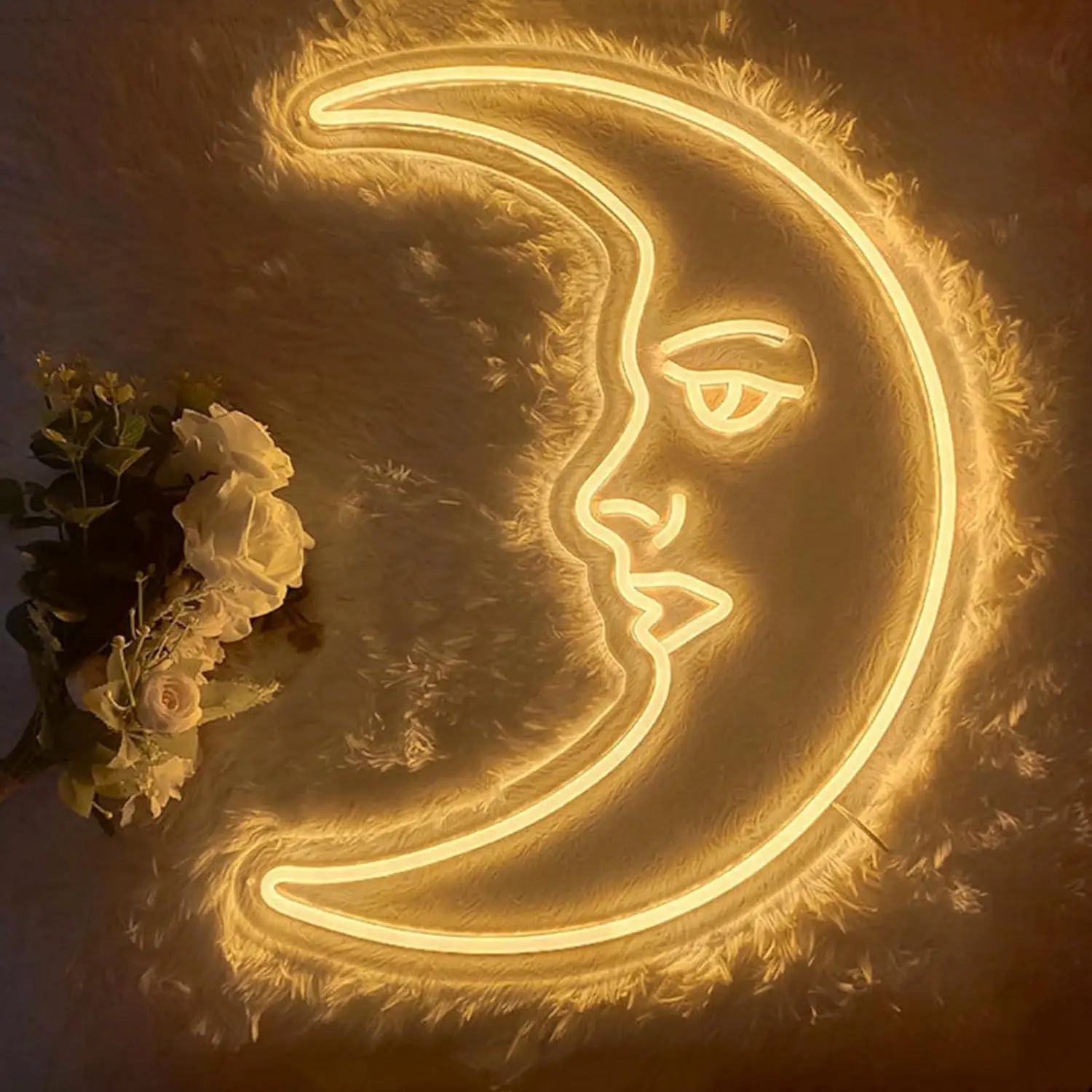 Moon Face Neon Sign USB Dimmable LED Light for Bedroom Kids Room Office Dorm Party Indoor Home Wall Decor Gifts Night Light