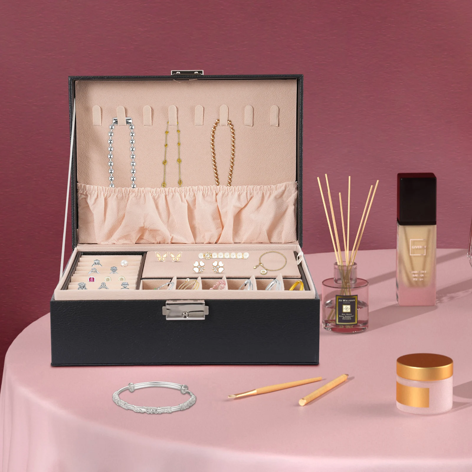 2-lagige abschließbare Schmuckaufbewahrungsbox mit herausnehmbaren Trennwänden, Schreibtisch-Organizer für Ringe, Ohrringe, Armbänder, Halsketten, Broschen, für den täglichen Schmuckaufbewahrungszweck auf dem Schminktisch zu Hause. – Detail 11