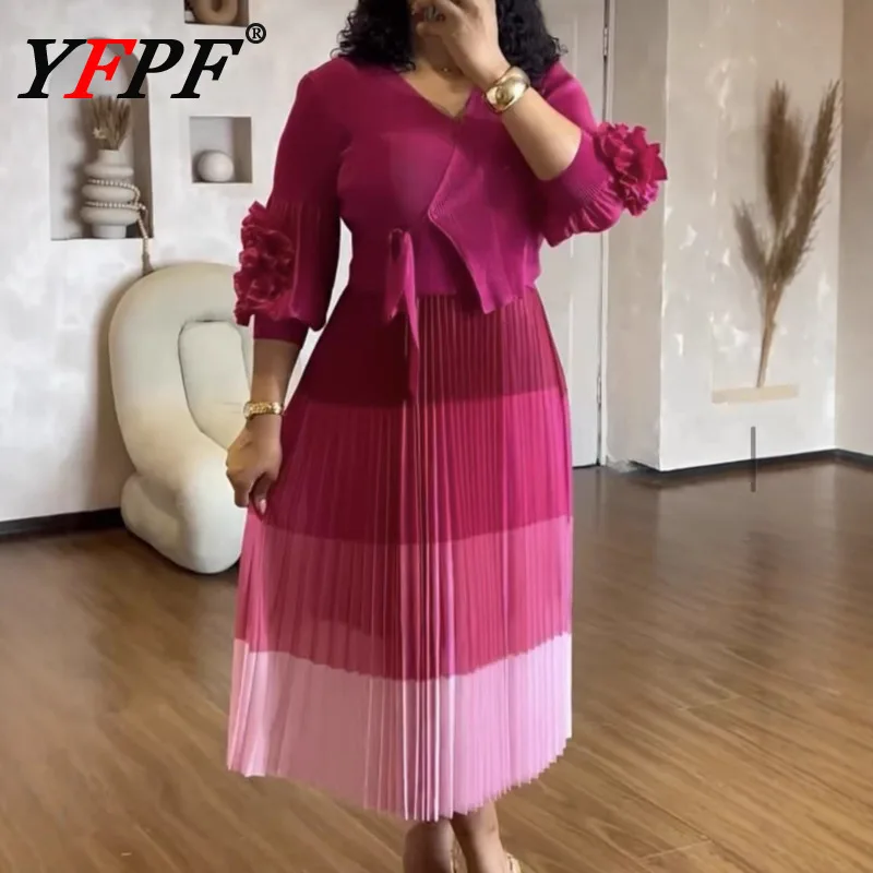 

YFPF Miyake Pleated Design Dress Women Fashion V Neck Flower Sleeve Lace-up Gathered Waist Printing Dresses 2025 New Clothing