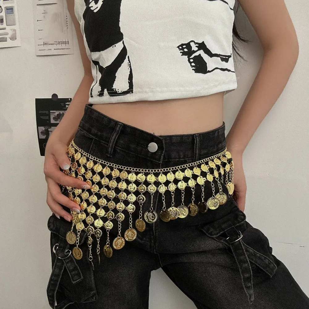 

Ethnic Style Gold Belly Dance Waist Chain Belt Silver Wide Beads Tassel Belly Dance Belt Tassel Y2K Tassel Waist Chain