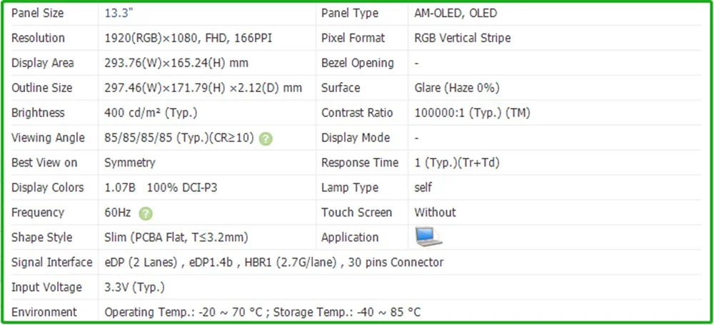 ATNA33XC11 ATNA33XC11-0 13.3 inch OLED Screen Panel IPS AM-OLED Display FHD 1920x1080 400 cd/m² (Typ.) 100% DCI-P3 30pins 60Hz