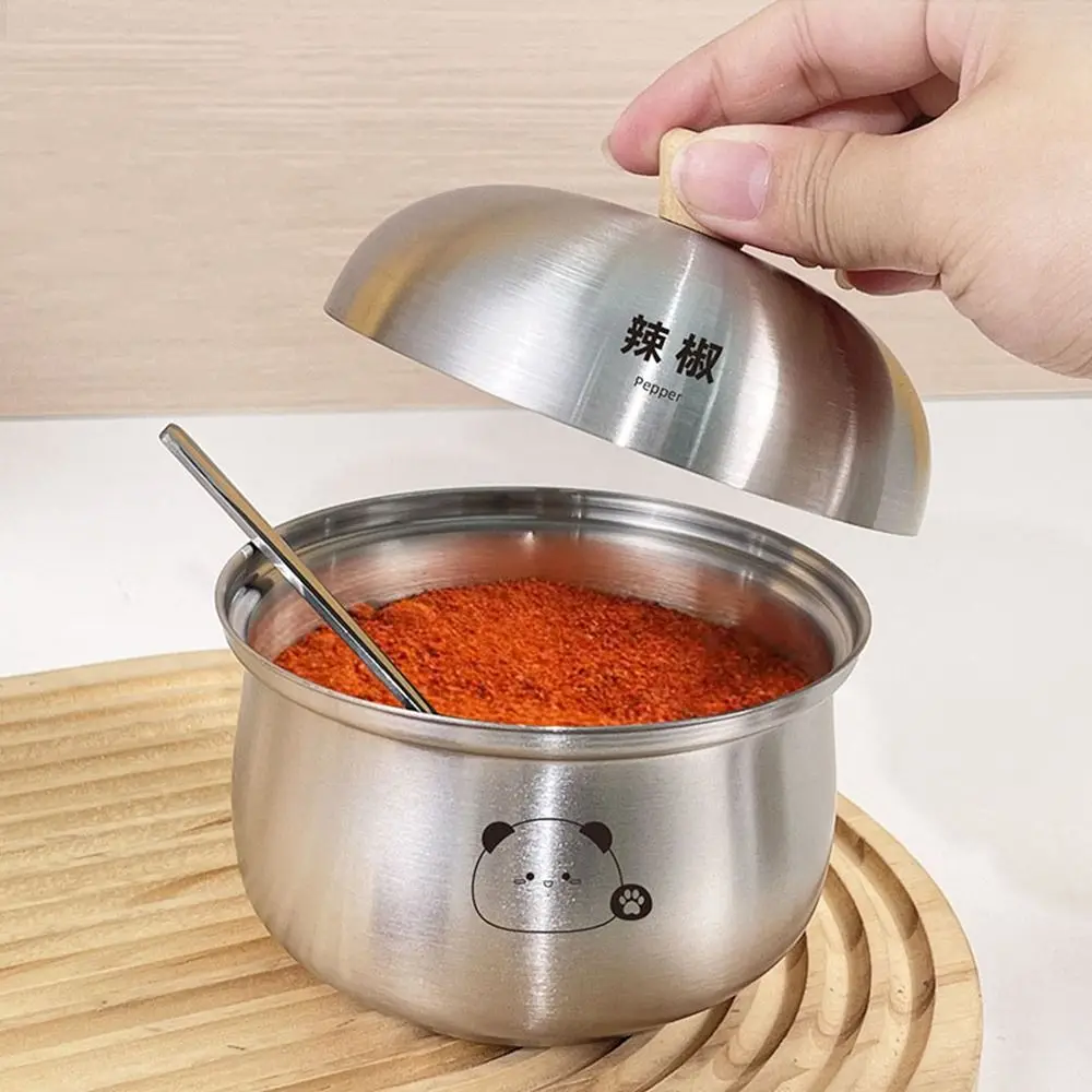 

Silver Stainless Steel Sugar Bowl Large Capacity Dustproof Kitchen Condiments Pot Waterproof with Spoon Lid Seasoning Jar