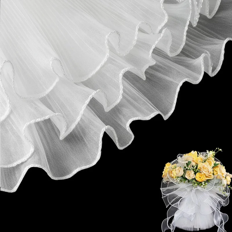 White Crinkled Bouquet Wrapping Paper with Transparent Wavy Mesh Edge, Floral Supply for Mother's Day Wedding Graduation Party