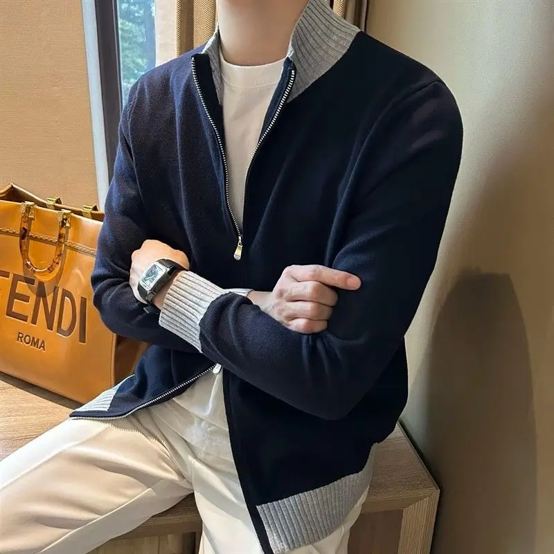 Men's Korean Minimalist Color Block Slim Fit Zipper Knit Cardigan Luxury Sweater Jacket