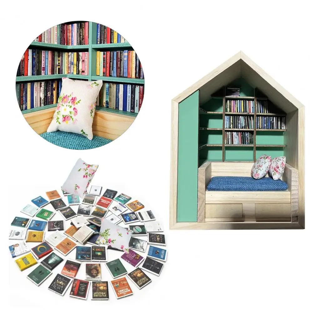 

Wooden Bookhouse Decor Mini Bookshelf Decoration Set for Book Lovers Anxiety Bookroom with Cushion Wooden Bookhouse Ornament