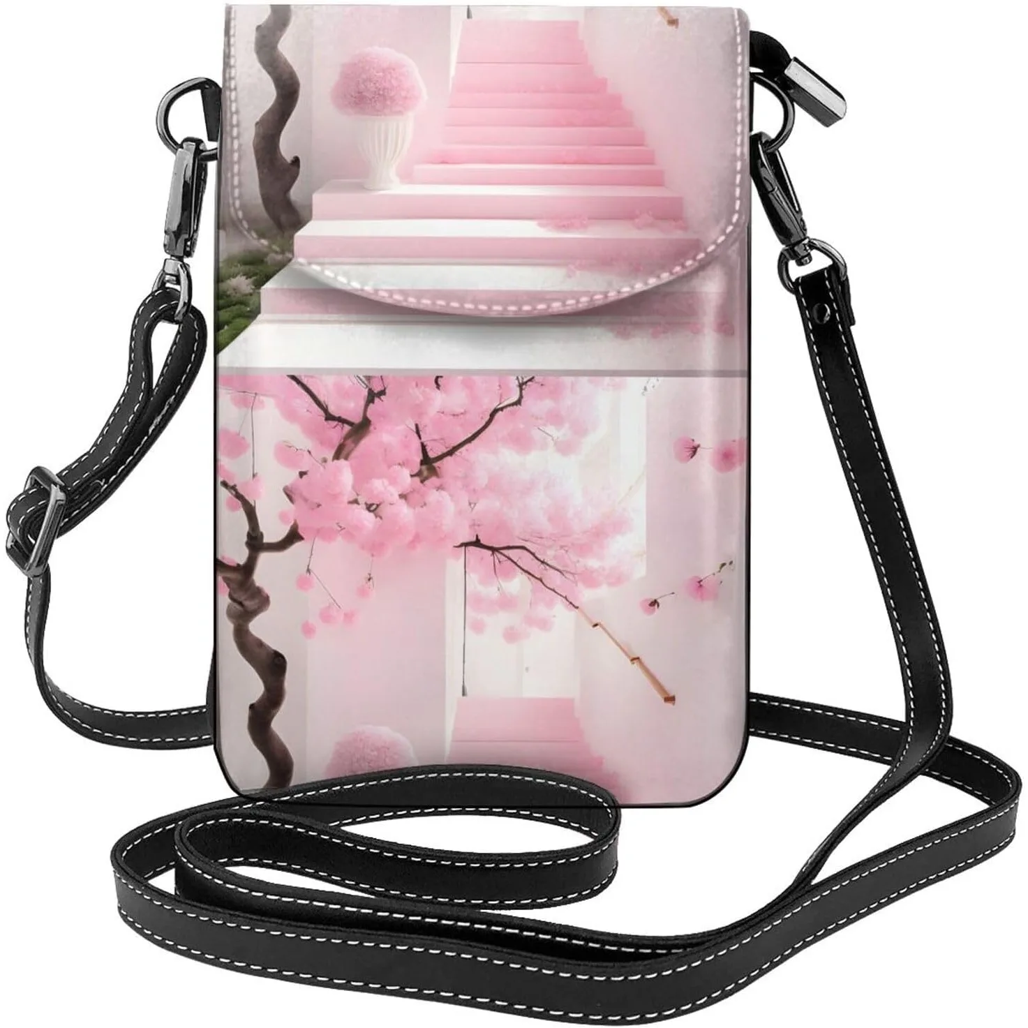 

Кожаный чехол для телефона с розовым вишневым узором и лестничным узором через плечо для женщин, идеально подходит для прогулок, кемпинга
