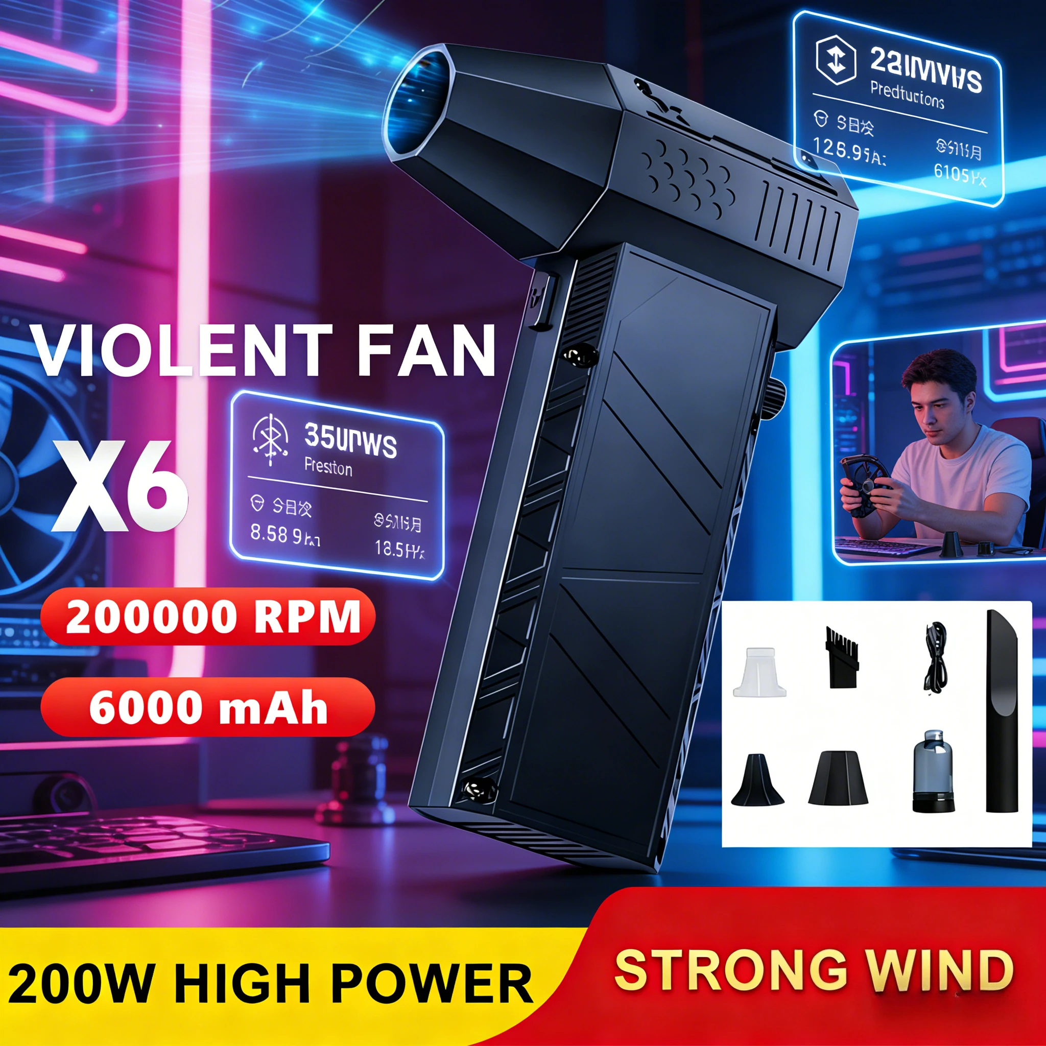 

X6/X9/X11 TurboForce Vacuum Blower Fan 3-Mode | 200000RPM 53m/s Strong Wind Type-C Rechargeable for PC, Keyboard, Car & Home