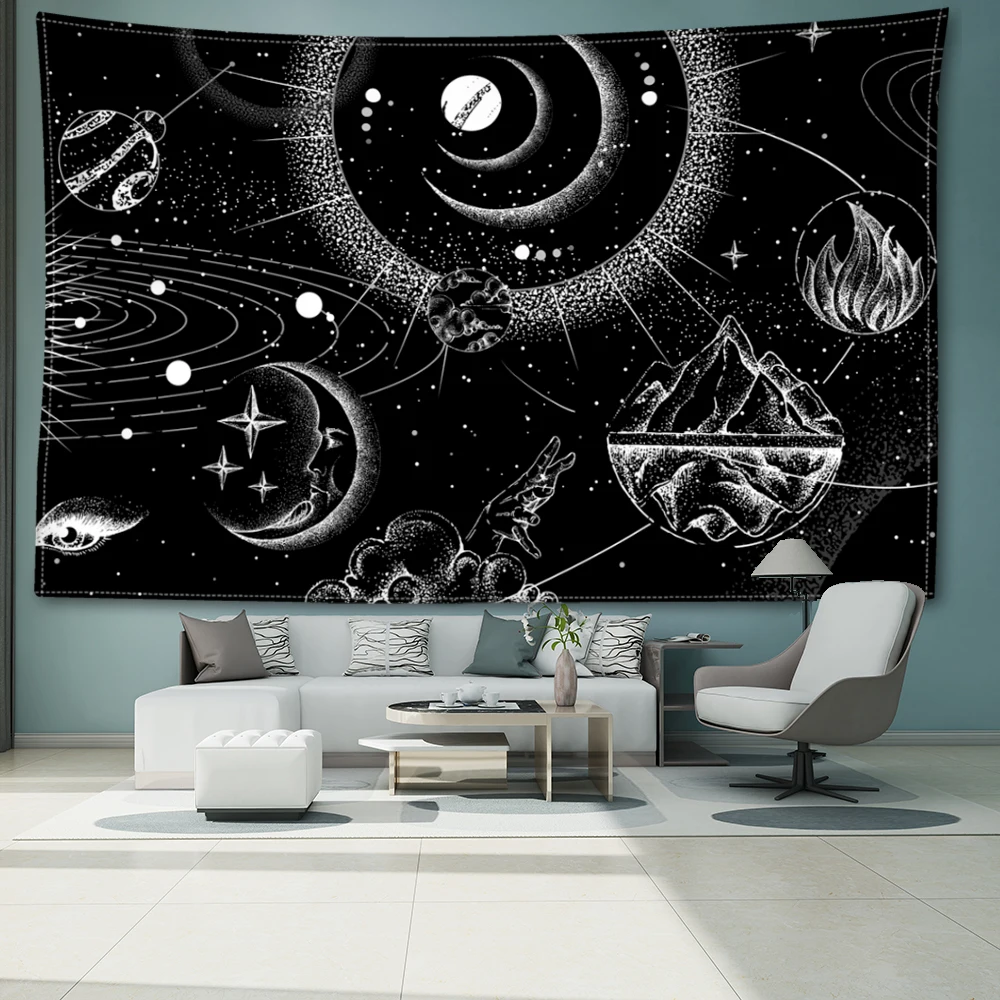 Black and white sun moon Milky Way mountain print tapestry, minimalist punk style room living room wall hanging art wall decorat