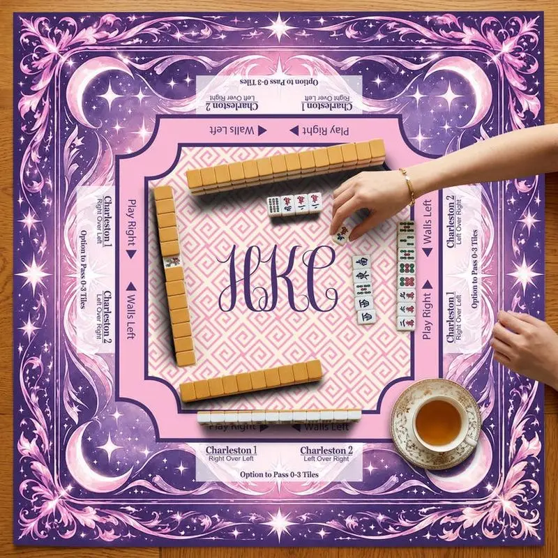 VIKAMA Purple Moon Star Mahjong Mat Golden Floral Zoned Non Slip Luxury Girly American Mahjong Domino Table Cover