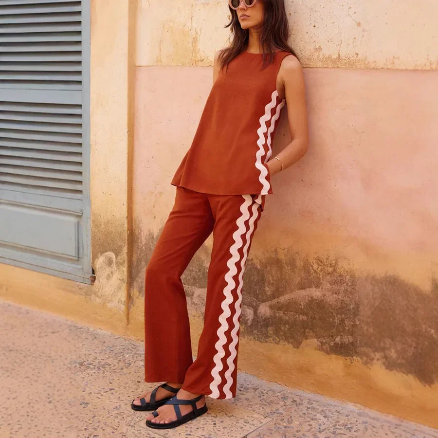 

Spring And Summer New Casual Loose Fashionable Cool Vest Pants O-neck Solid Color Striped Decoration Two-piece Set