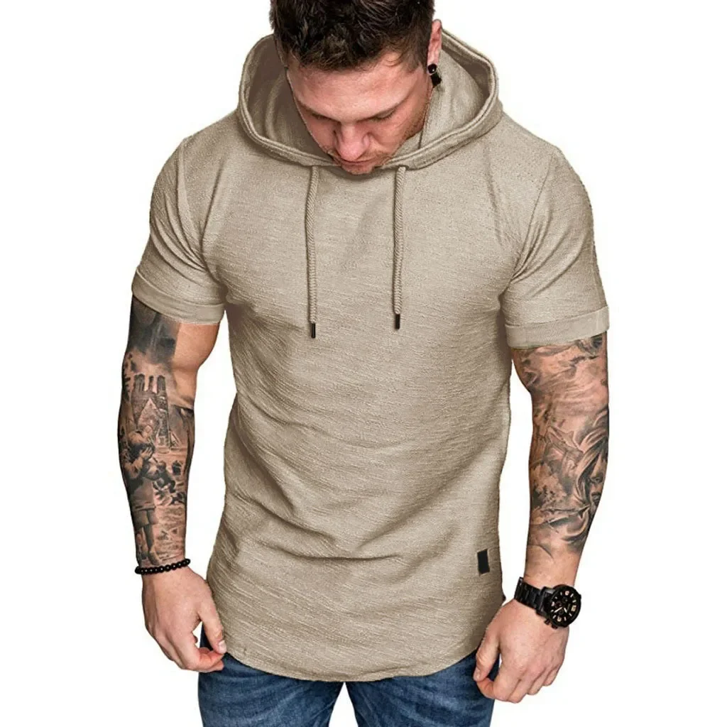 Männer Baumwolle T-shirt Kurzarm Mit Kapuze Einfarbig Slim Fit Männlich Atmungsaktive Sport Tees Leichte Fitness Männlich Casual Tops – Detail 23