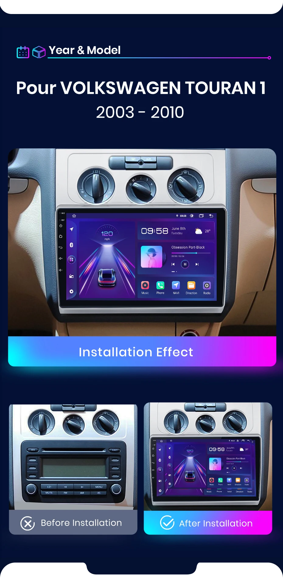 Junsun Wireless Carplay Android Auto Autoradio für Volkswagen Touran 1 2003-2010 GPS Multimedia 2 Din – Detail 4