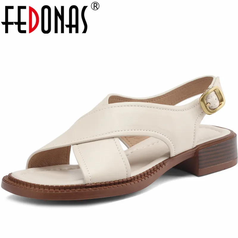 FEDONAS Retro Low Heels Women Sandals Genuine Leather High Quality 2024 Summer Leisure Casual Working Shoes Woman New Arrival