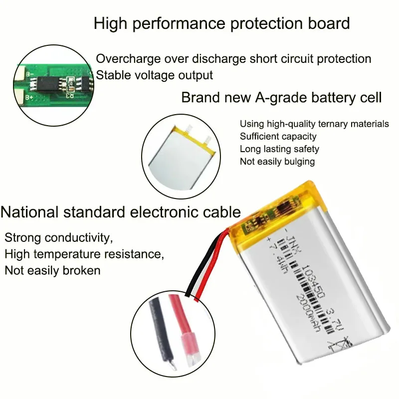 3.7V 103450 Polymer Lithium Battery , 2000 MAh Rechargeable, for MP5,Toys,Cameras, GPS, Bluetooth, Speakers High Capacity