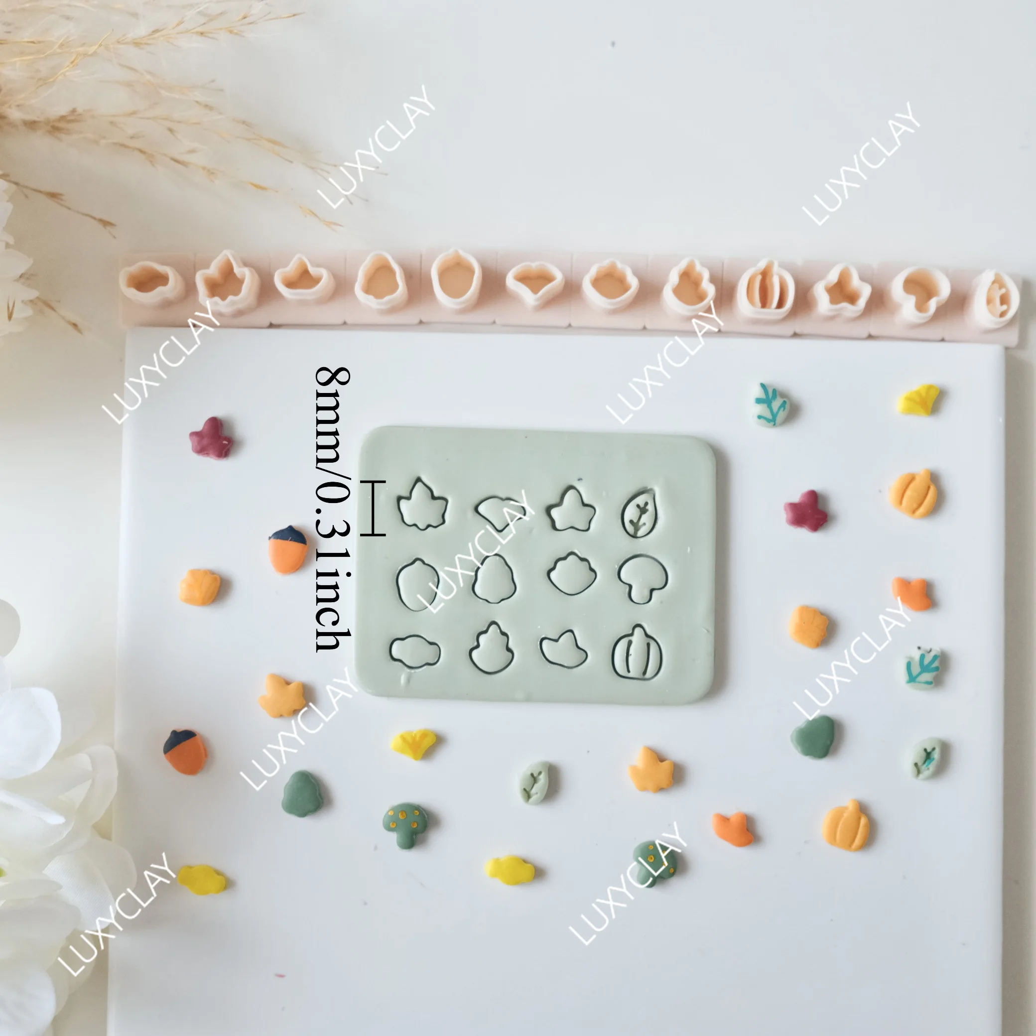 12pcs Fall Themed Mini Clay Molds Set, Embossed Micro Leaves Mushroom Punplin Maple Clay Cutters for Jewelry & Earrings Making