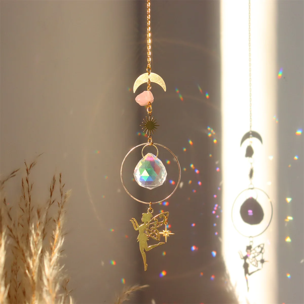 Crystal Hanging Ornament Colorful Pink Crystal Decor Brass Butterfly Sun Catcher Golden Window Garden Decor For Balconies