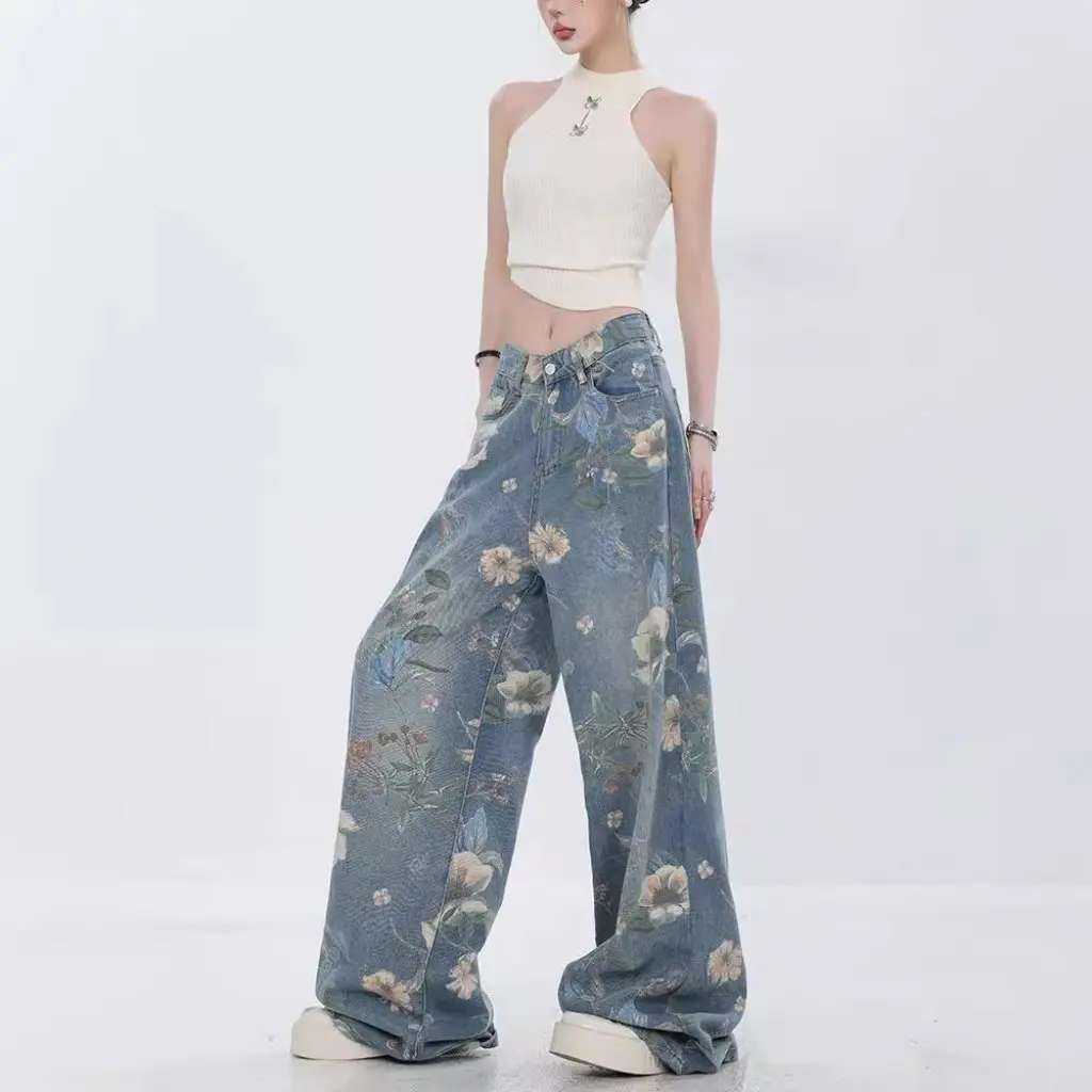 Pantalones vaqueros de pierna ancha con estampado completo de flores para hombre y mujer, pantalones de fregona ajustados rectos con efecto lavado, novedad de verano