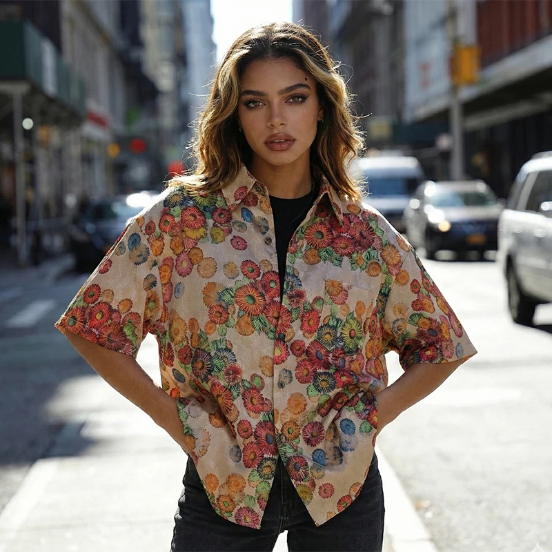 

2026 New Floral Print Short Sleeve Shirt Men Women Streetwear Vintage Y2K Grunge Oversized Button Up Summer Harajuku Casual Top