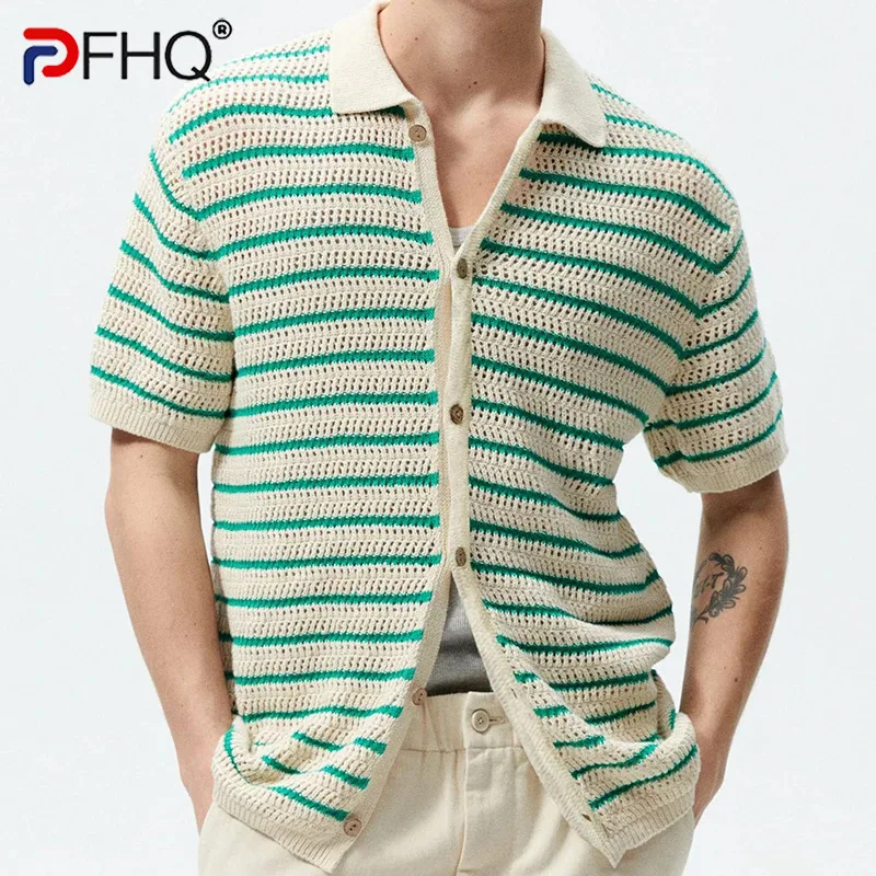 PFHQ Men's Summer New Knitted Shirt Striped Woolen Casual 2024 Single Breast Korea Fashion Male Tops Loose 21Z5541