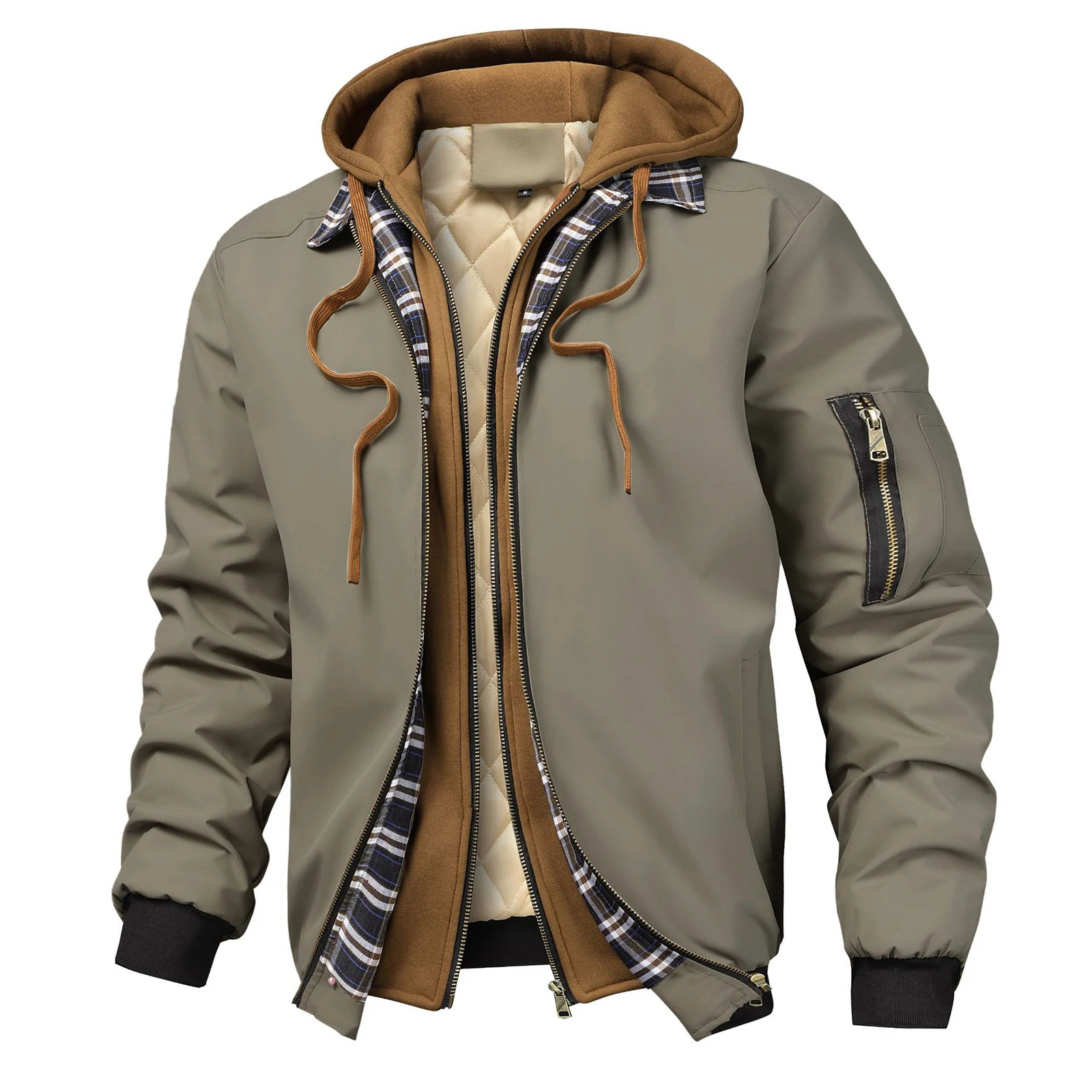 Chaqueta acolchada de otoño e invierno para hombre, abrigo ligero con capucha de manga larga y cremallera de dos piezas falsas a cuadros