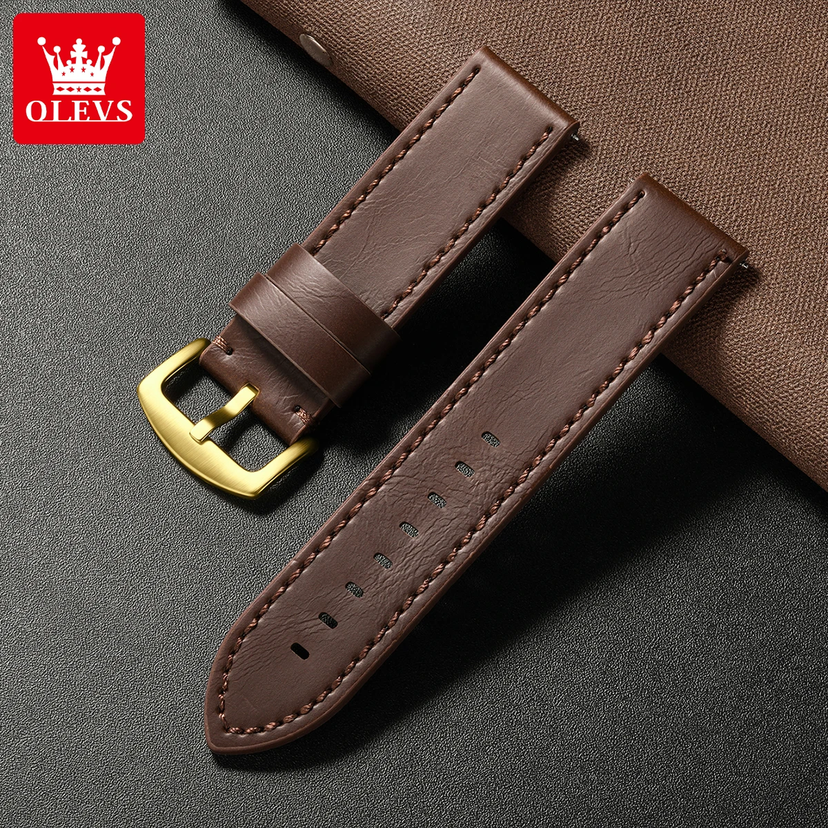 Relojes para hombre de marca OLEVS, reloj de cuarzo con cronógrafo y correa de cuero resistente al agua para hombre, reloj de pulsera masculino genuino con esfera cuadrada dorada y fecha