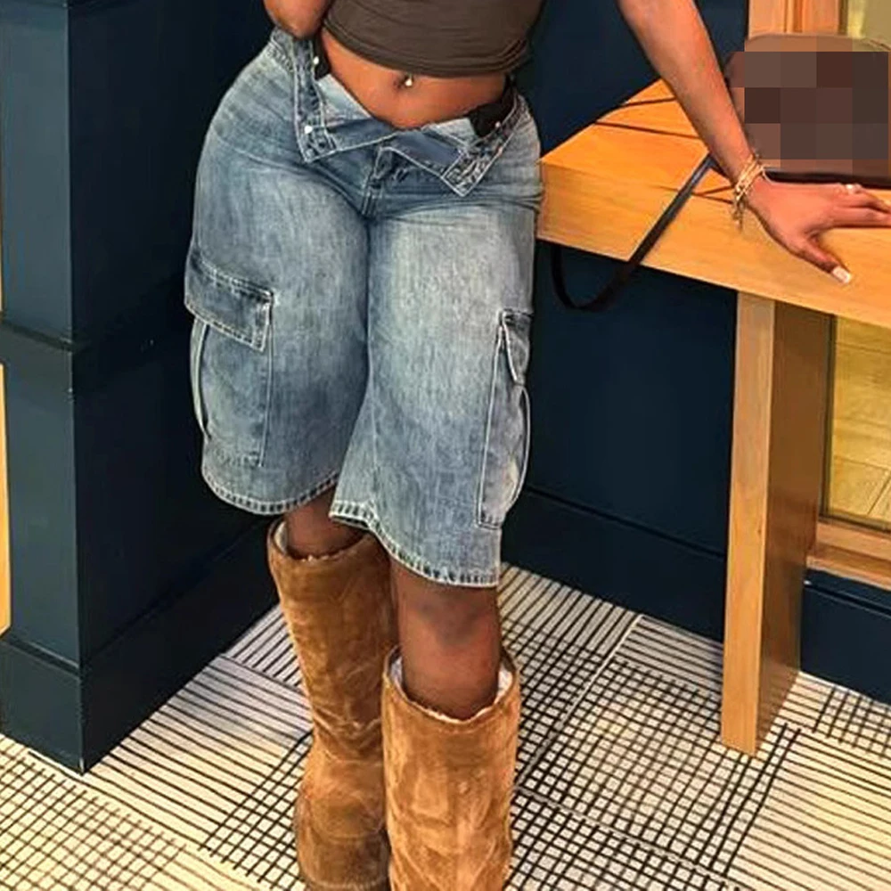 2025 Pantaloncini cargo in denim con tasche alla moda da donna estivi 2025, jeans corti al ginocchio elasticizzati a vita alta lavati, streetwear femminile casual