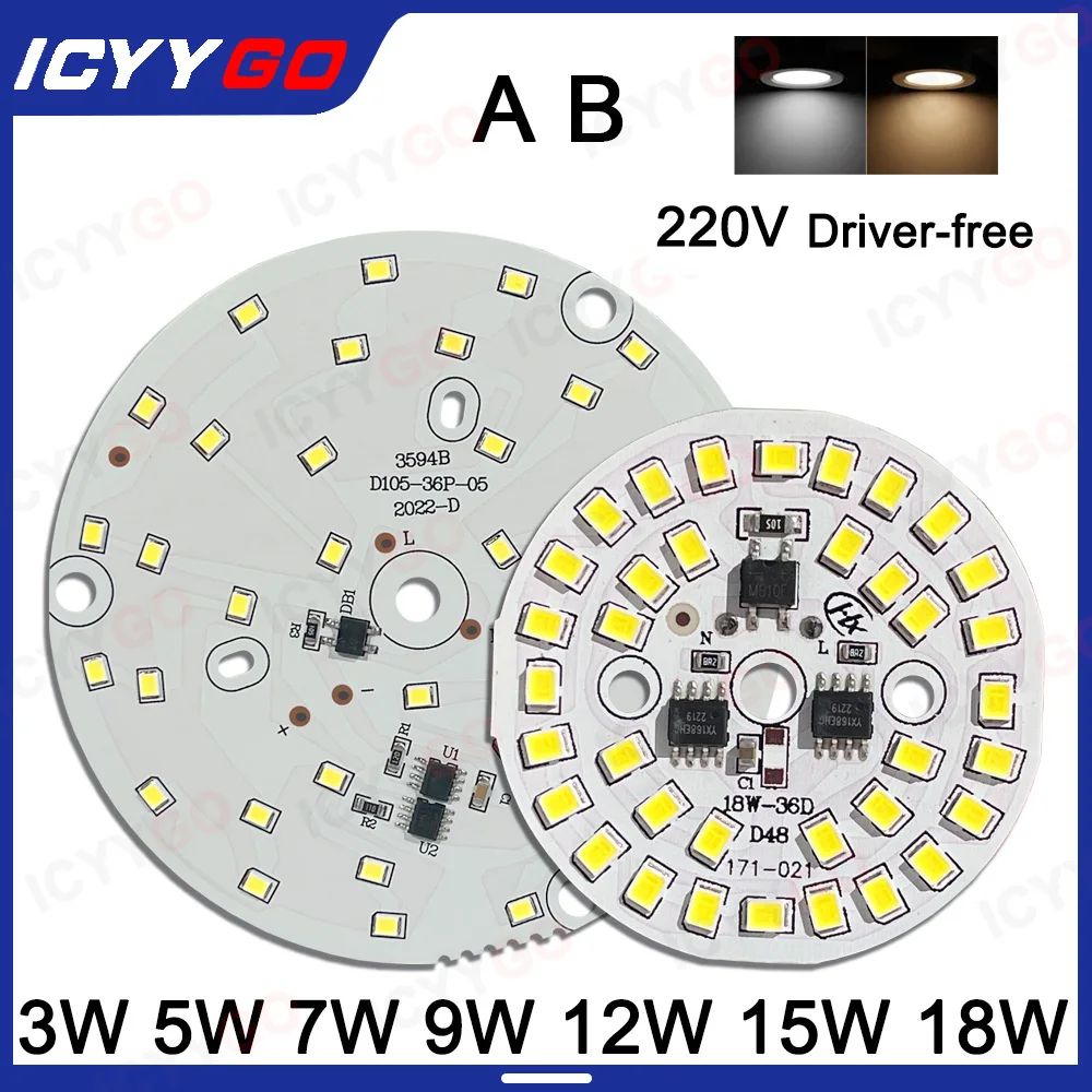 Painel de luz de alta tensão, 3w, 5w, 7w, 9w, 12w, 15w, 18w, 220v, painel de luz redondo, sem driver, faça você mesmo, painel de luz led, placa de fonte de luz