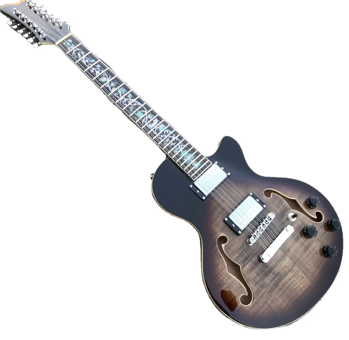 

Hand Made 12 String Semi Hollow Body Electric Guitar Grey Burst Flowers Inalys Flame Maple Top Support Customization