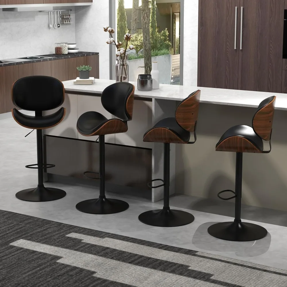 Taburetes de bar para encimera de cocina, sillas de barra ajustables en altura, taburetes de bar giratorios modernos con asiento y respaldo de madera curvada con reposapiés