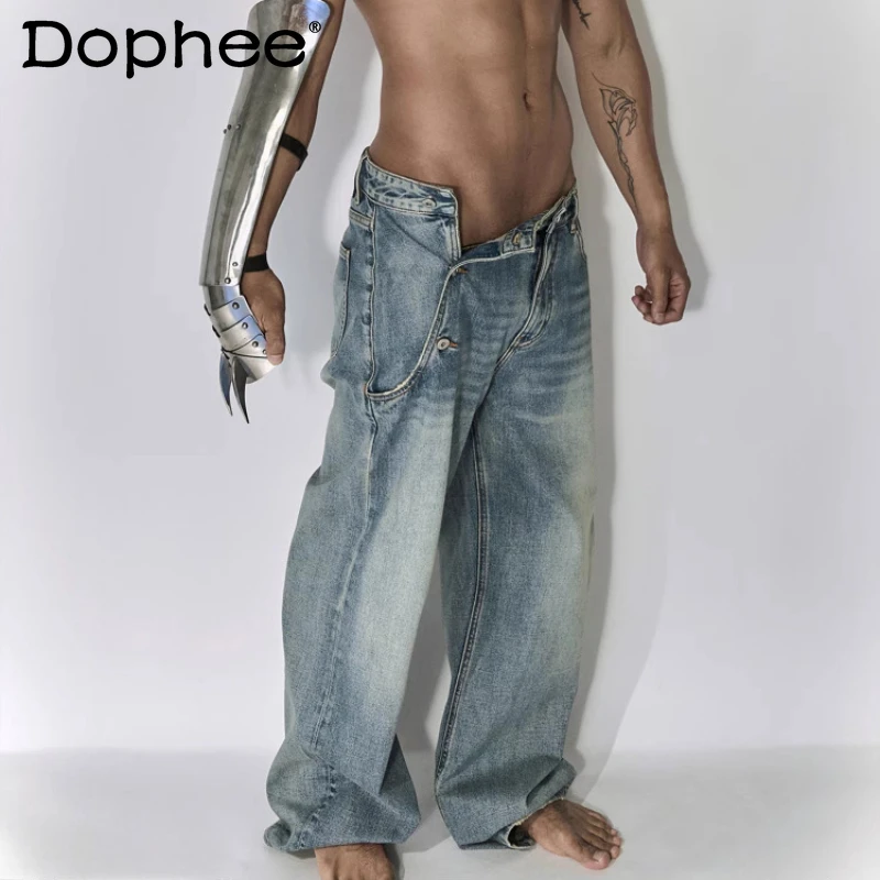

2025 Four Seasons Wear Fashion Personality Denim Pants Men's Side Open Button Loose Jeans Masculinity Stylish Cotton Chic Jeans