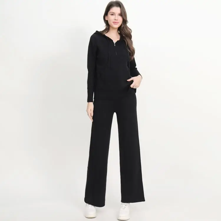 Faionable – ensemble tricoté décontracté avec capuche et fermeture éclair, costume deux pièces, pantalon à jambes droites, taille mi-basse, tissu PVC