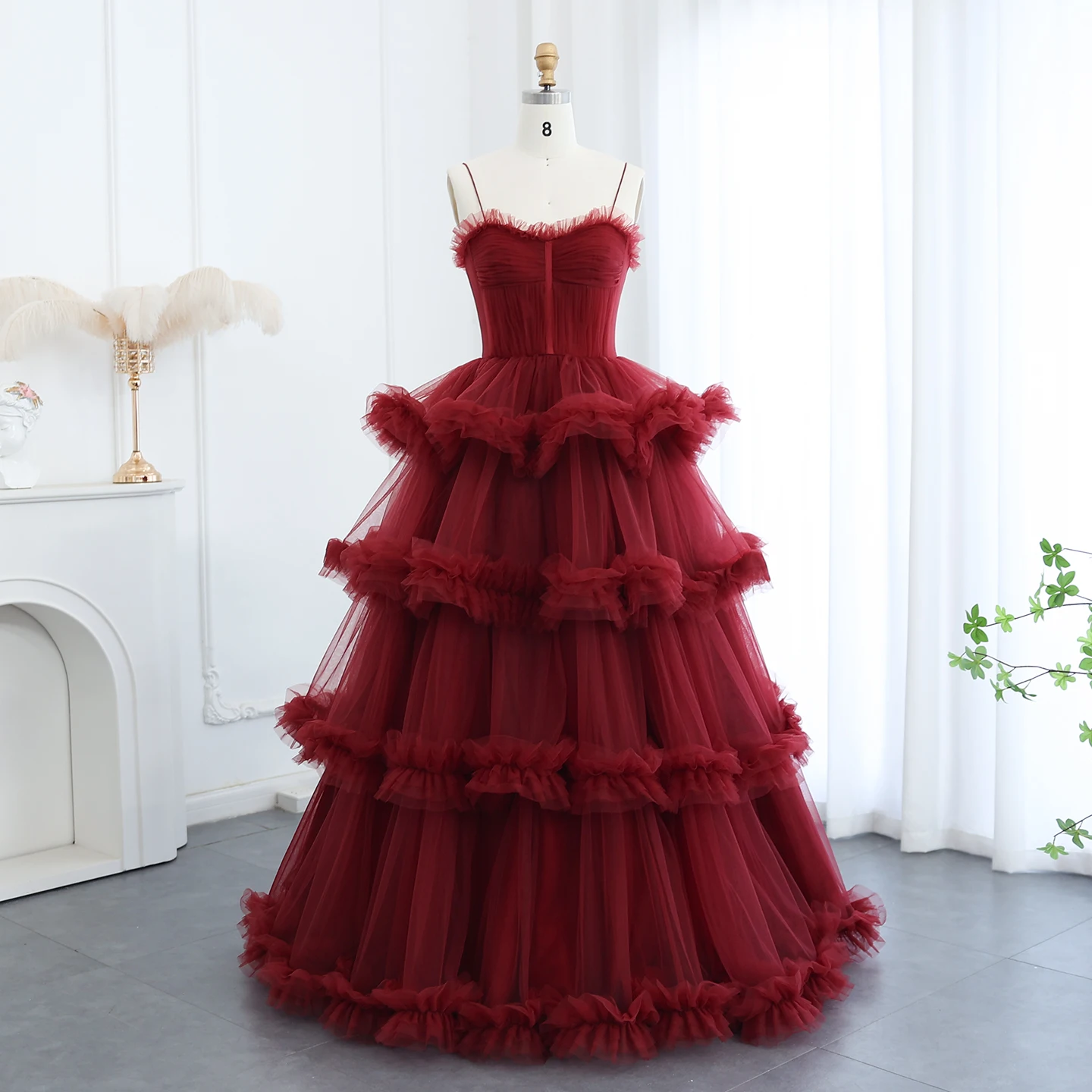 Sharon Said – robe de soirée en Tulle bordeaux, à volants à plusieurs niveaux, avec gants, bretelles Spaghetti roses, robes de soirée de mariage, personnalisées, SF472