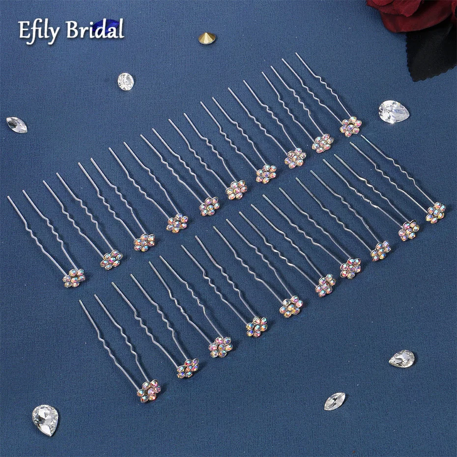 Efily 20pcs/lot AB Color Rhinestone Hairpins Floral Crystal Wedding Hair Accessories Bridal Head Jewelry Party Bride Headpiece