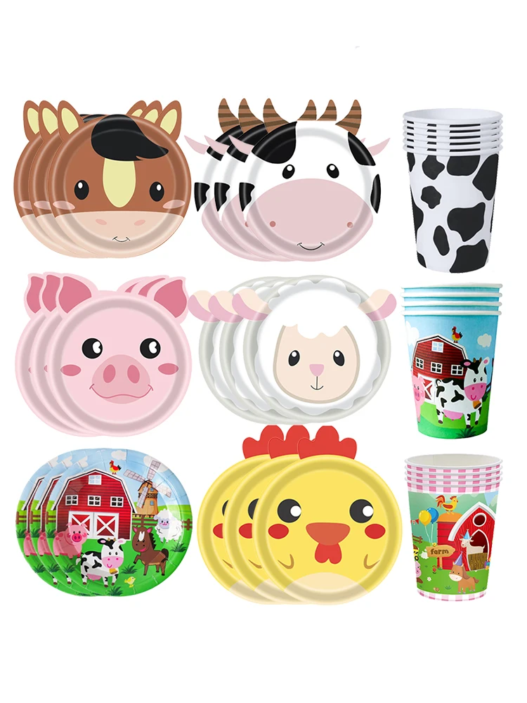 10/30/50Pcs Pappteller Kuh Pferde Schweine Bauernhof Tier Geformt Einweg Teller Tassen Scheunenhof Tier Thema geburtstag Party Liefert – Detail 1