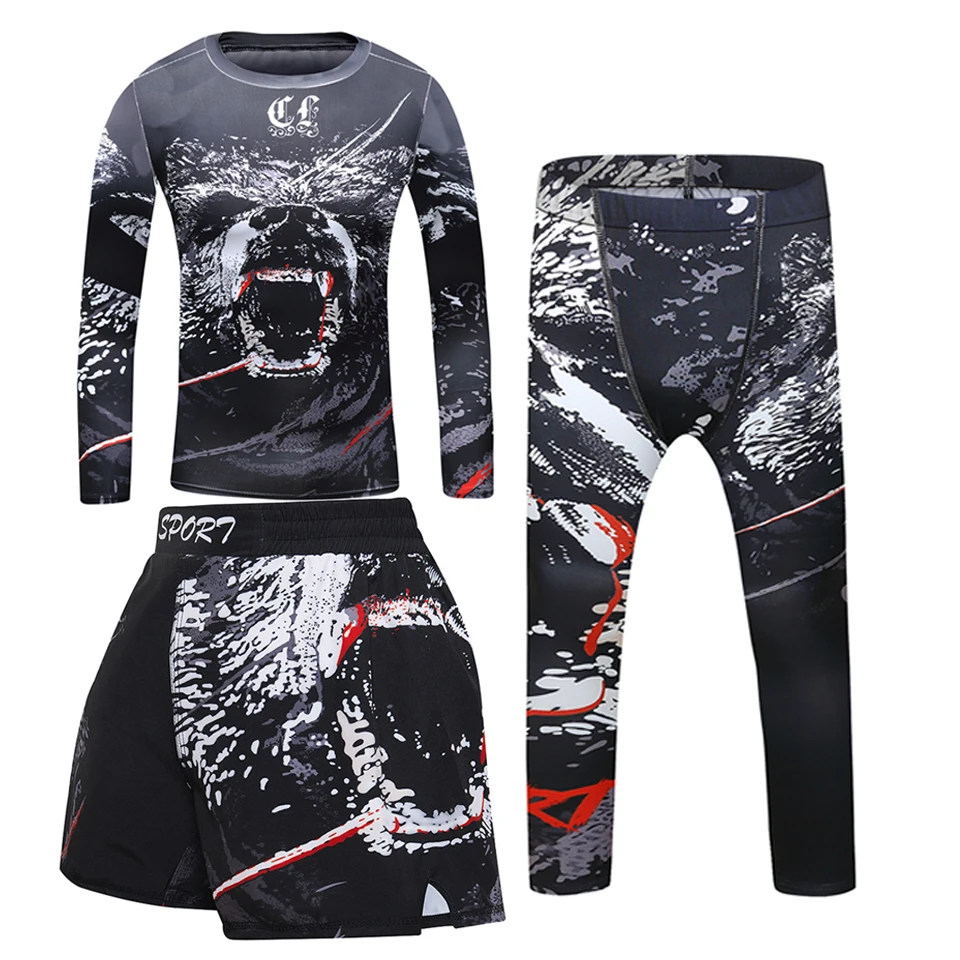 BJJ GI Kids MMA Rashguard T-shirt +Pants Set Jiu Jusit Tights Muay Thai Shorts Rash Guard For Children MMA Compression Sportsuit