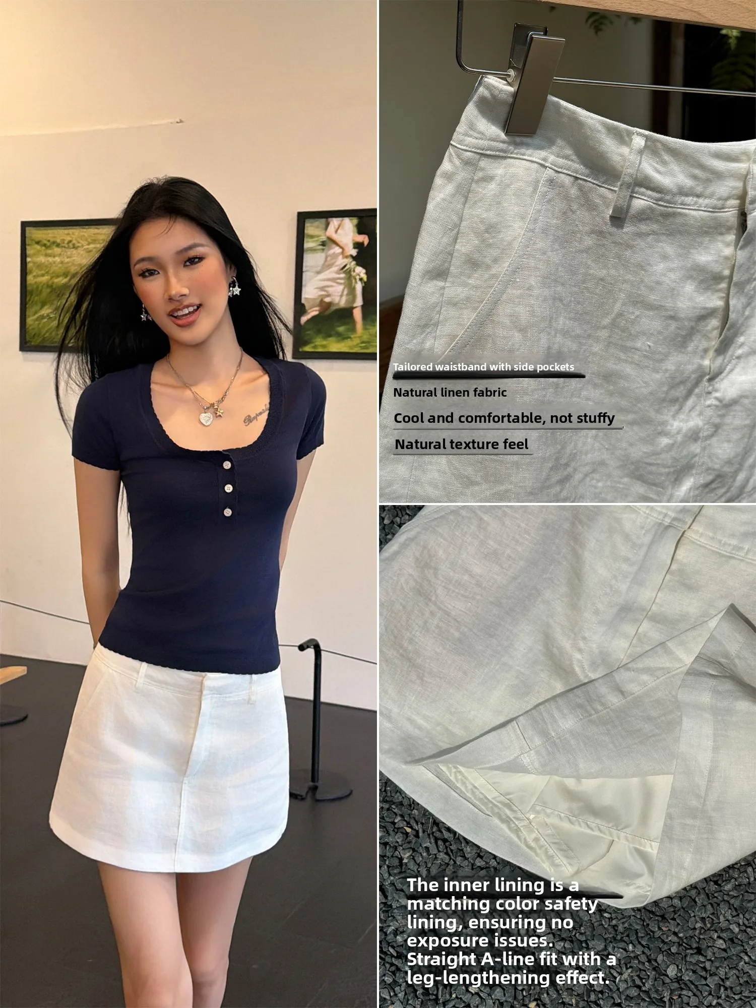 Audwyn Low Waist Linen  Skirt Red Slimming Casual White Short Skirt Street Style Women's Fashion Summer Collection
