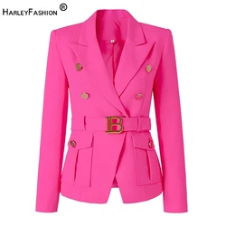 Bright Fluorescence Color Euro-american Stylish High Street Women Belt Pockets Fitness Elegant Lady Gorgeous Blazer