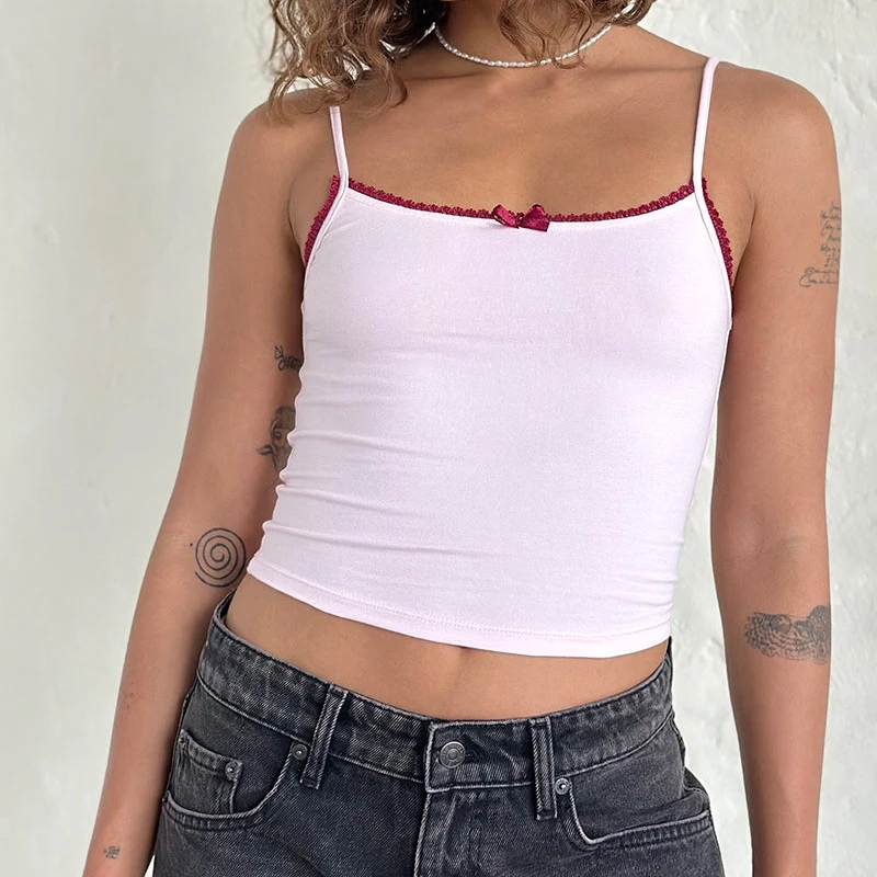 

00s Retro Sweet Lace Trim Cami Tops Women Summer Sleeveless Vest Teen Girl Tiny Bow Front Basic Camisole Y2k Trendy Crop Tops