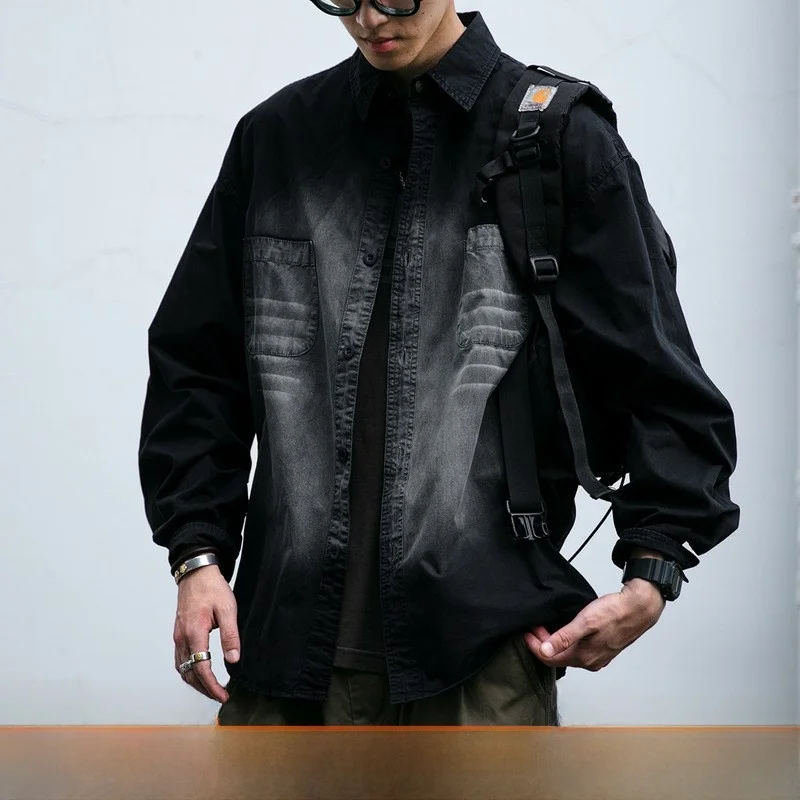 

Retro Japanese Sle Men's Long Sve Work irt adient Waed Distred Lapel Spring Autumn PU Leather Cotton Jaet