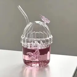 Cute Three-dimensional Butterfly Glass Cup, Heat-resistant and High Aesthetic Transparent Spherical Glass , Flower Tea Girl Cup