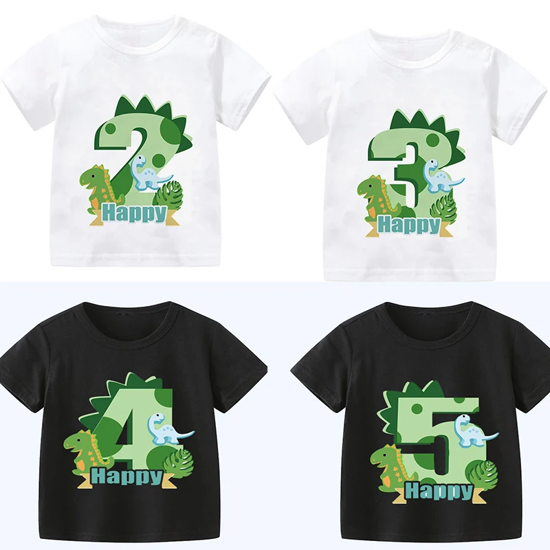 New Dinosaur Print Girls Clothes 1 2 3 4 5 6 7 8 9 Years Happy Birthday Number Bow Kids Short Sleeve T Shirt Baby T-Shirts